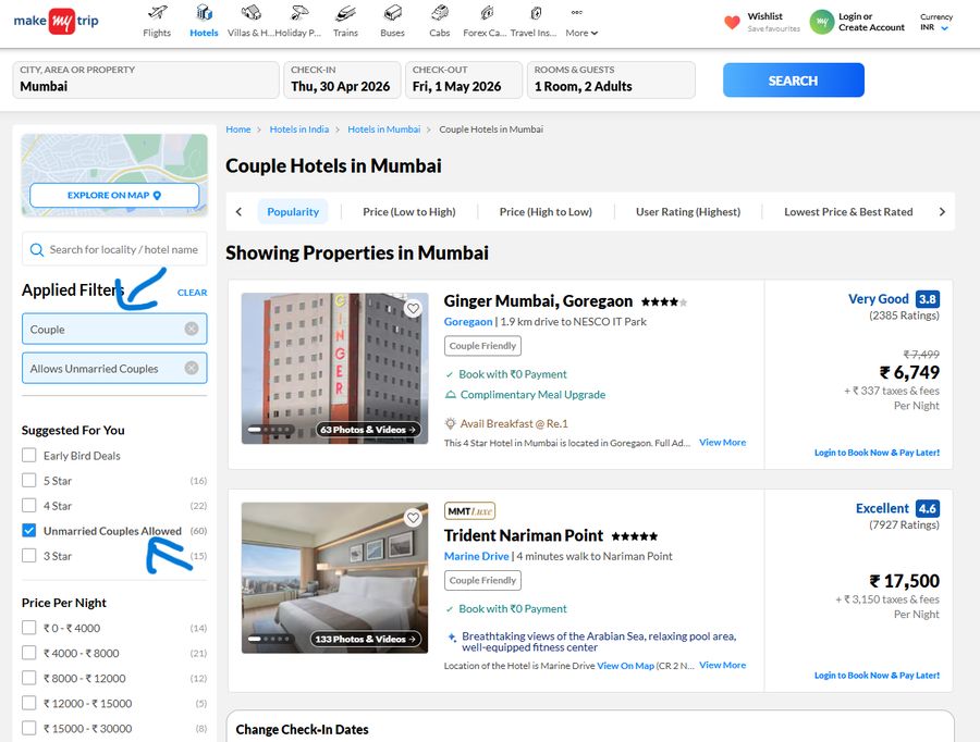MakeMyTrip Unmarried Couples filter