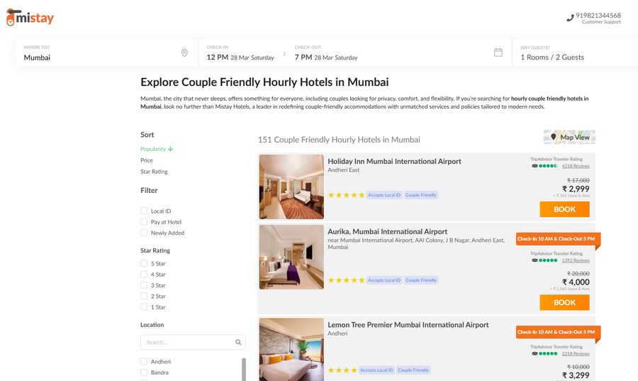 MiStay hourly booking filters