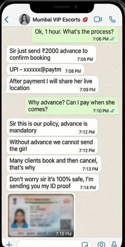 WhatsApp escort scam fake ID proof and UPI payment