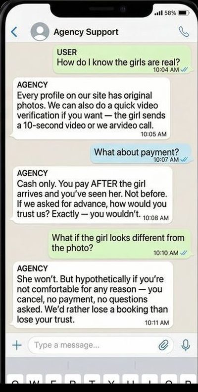 Genuine escort agency explaining no advance payment policy