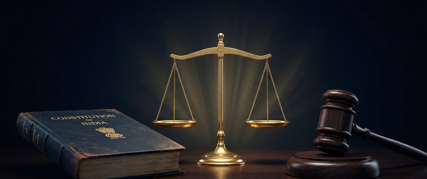 Constitution of India, scales of justice, and gavel - Is Hiring an Escort Legal in India