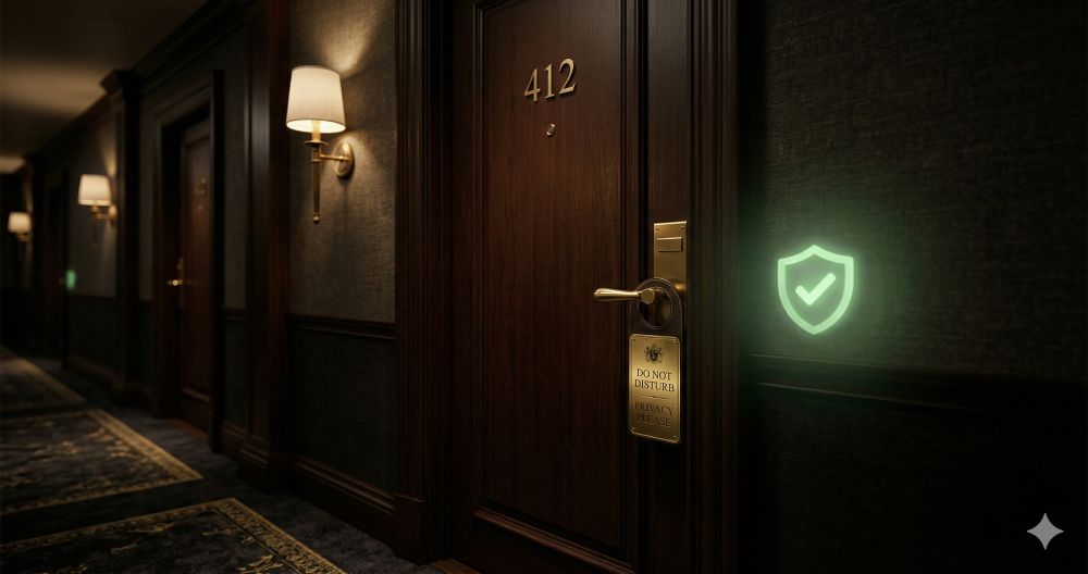 Private hotel room door with Do Not Disturb sign and green shield - your privacy is protected by law