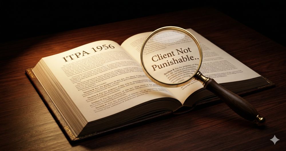 ITPA 1956 law book with magnifying glass highlighting Client Not Punishable