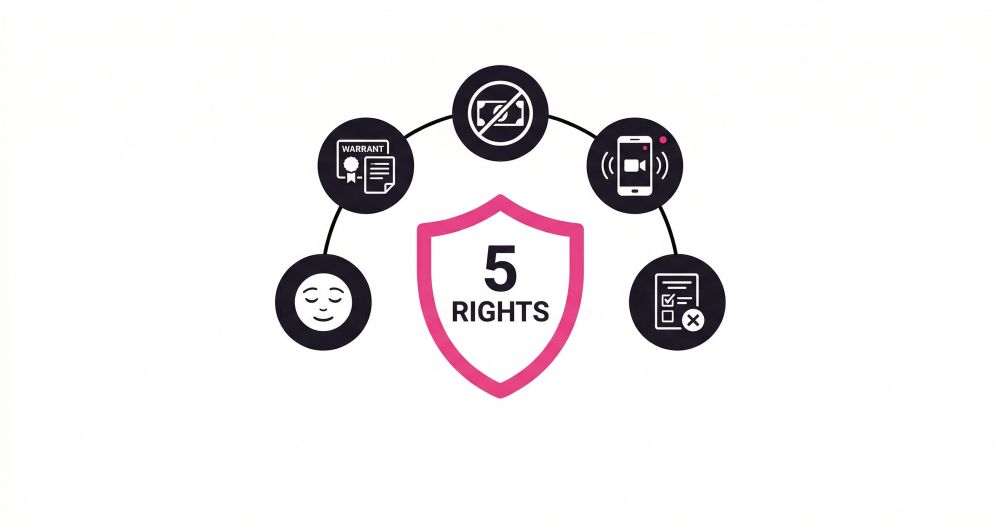 5 Legal Rights infographic - Stay calm, demand warrant, never pay on-spot fines, record interaction, file complaint