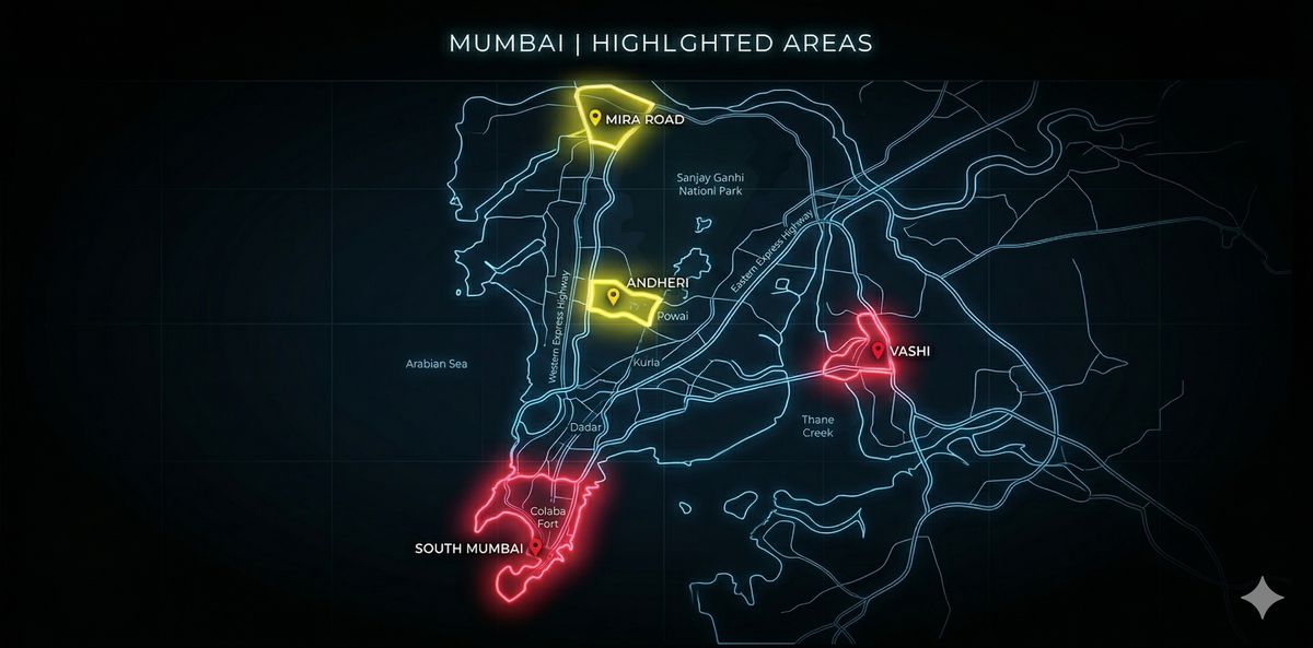 Mumbai Map - Massage parlour areas highlighted: Andheri, Mira Road, Vashi, South Mumbai