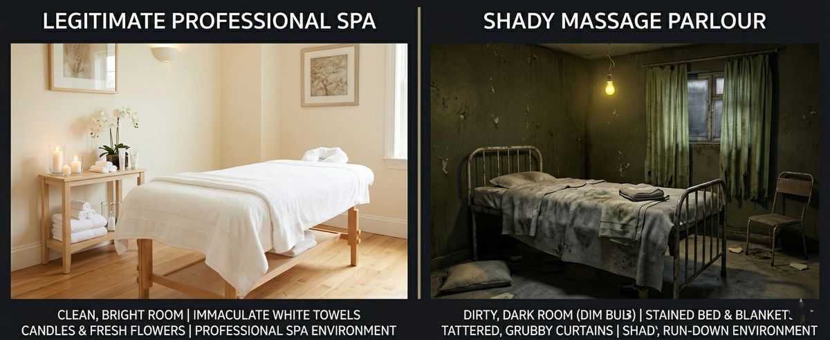 Legitimate Professional Spa vs Shady Massage Parlour - Visual Comparison