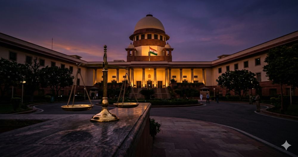 Supreme Court of India at dusk with scales of justice - landmark rulings protecting privacy rights